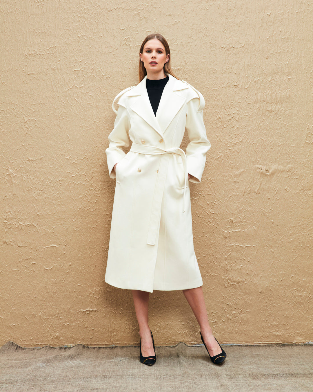 Button Detailed Belted Long Coat