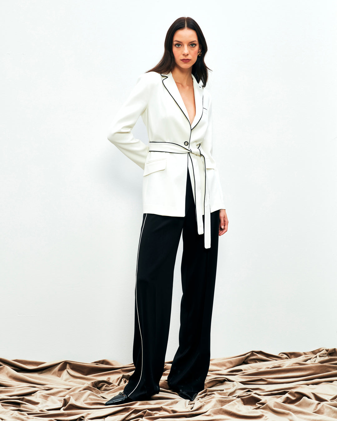 Cool Shine Waist Belted Black Striped Suit