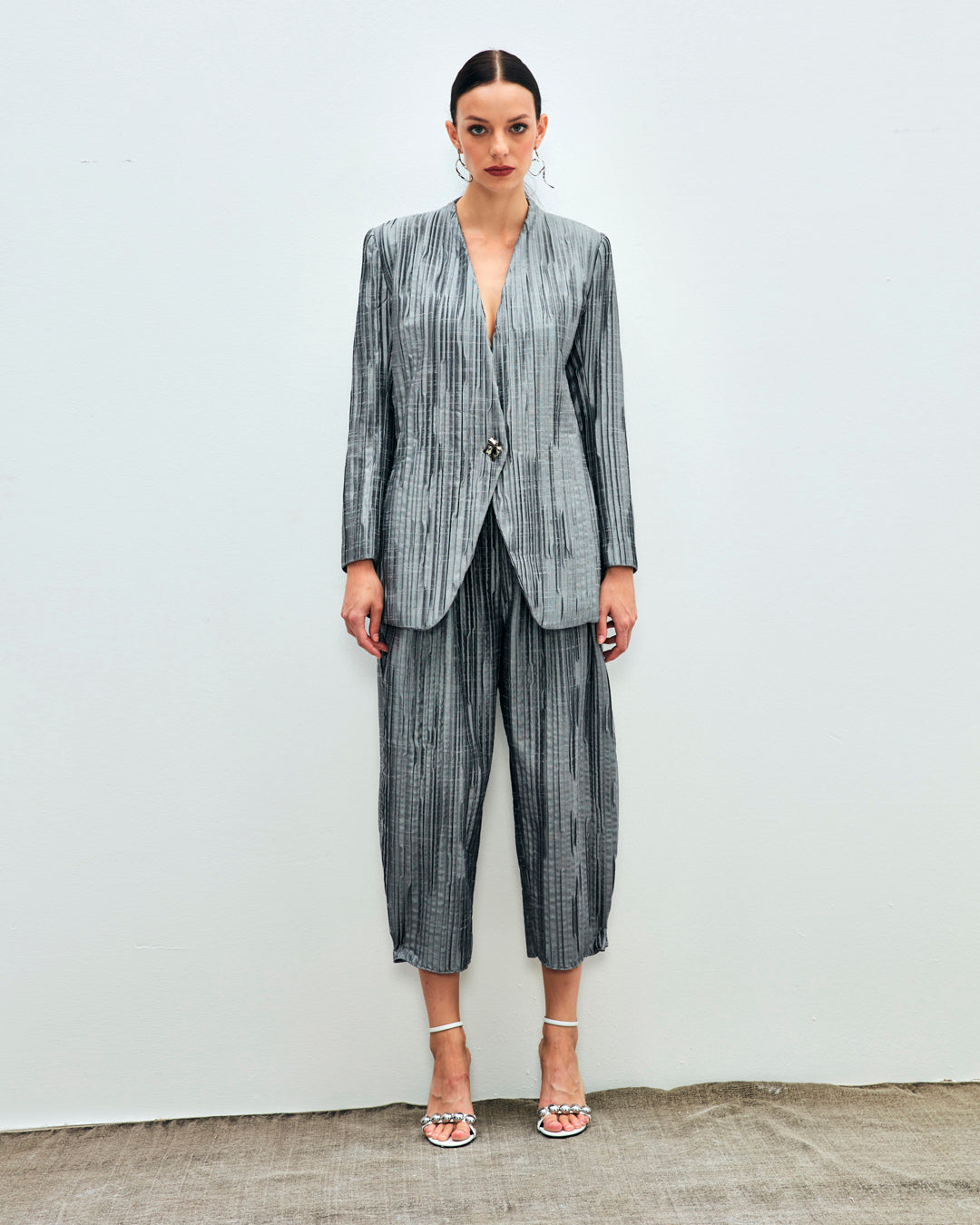 Wide Shoulder Pleated Jacket - Trouser Set