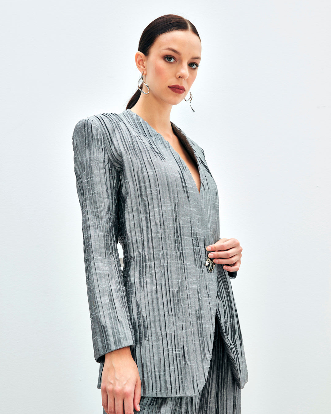 Wide Shoulder Pleated Jacket - Trouser Set