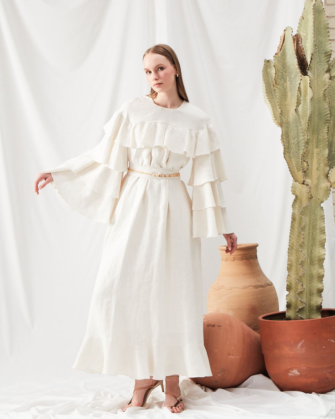 Waist Belted Linen Long Dress with Flounces on the Sleeves