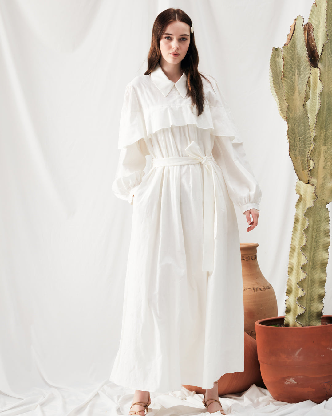 Cotton Fabric Chest Pleated Waist Belted Long Dress