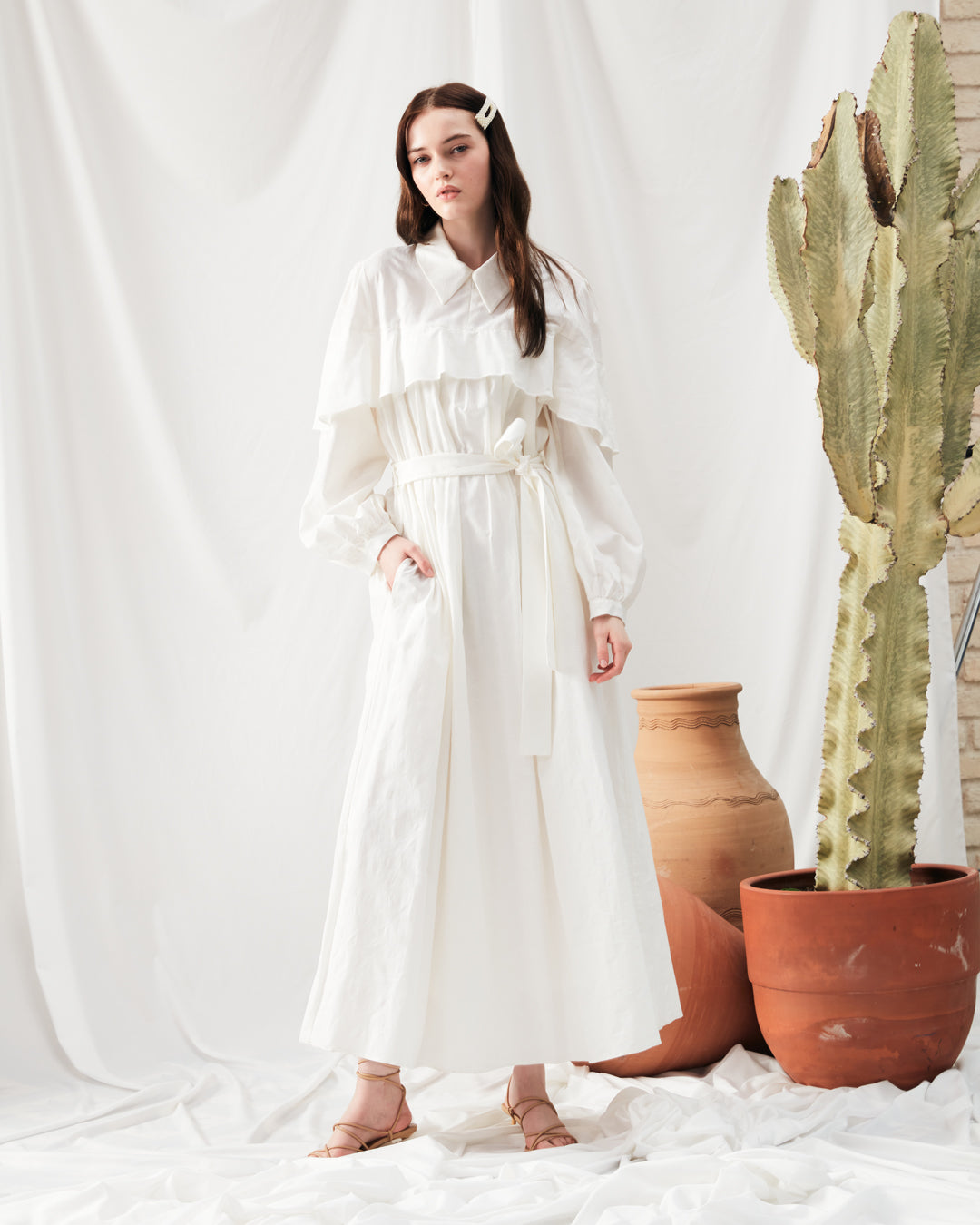 Cotton Fabric Chest Pleated Waist Belted Long Dress