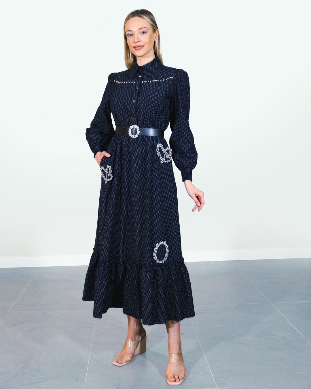 Shirt Collar Front and Skirt Stone Embroidered Dress