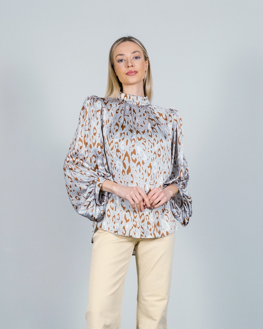 Leopard Patterned Blouse with Pleated Sleeves