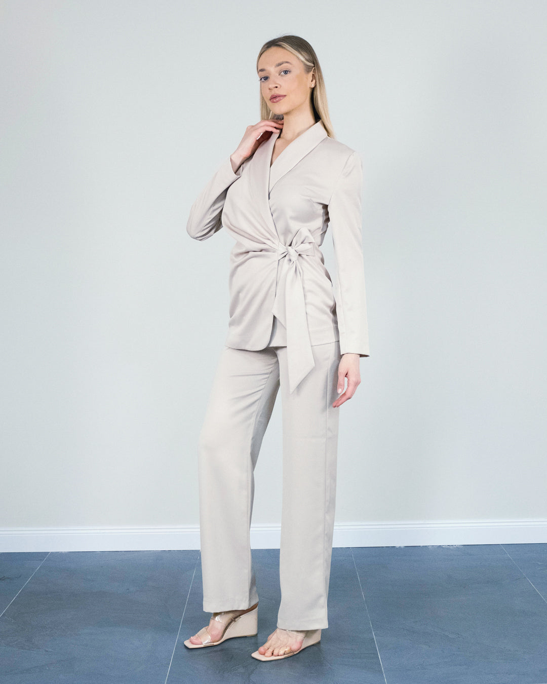 Waist Belted Bow Tie Plain Trousers-Jacket Set