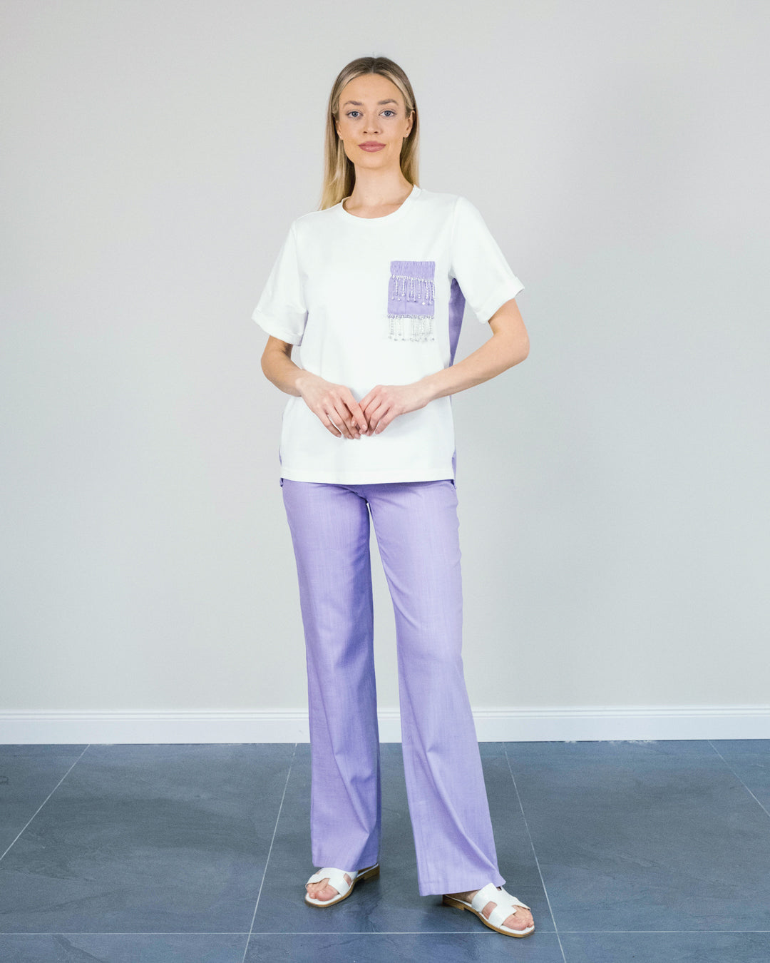 Back Detailed Pocket Crystal Stone Sport T-Shirt-Pants Linen Set